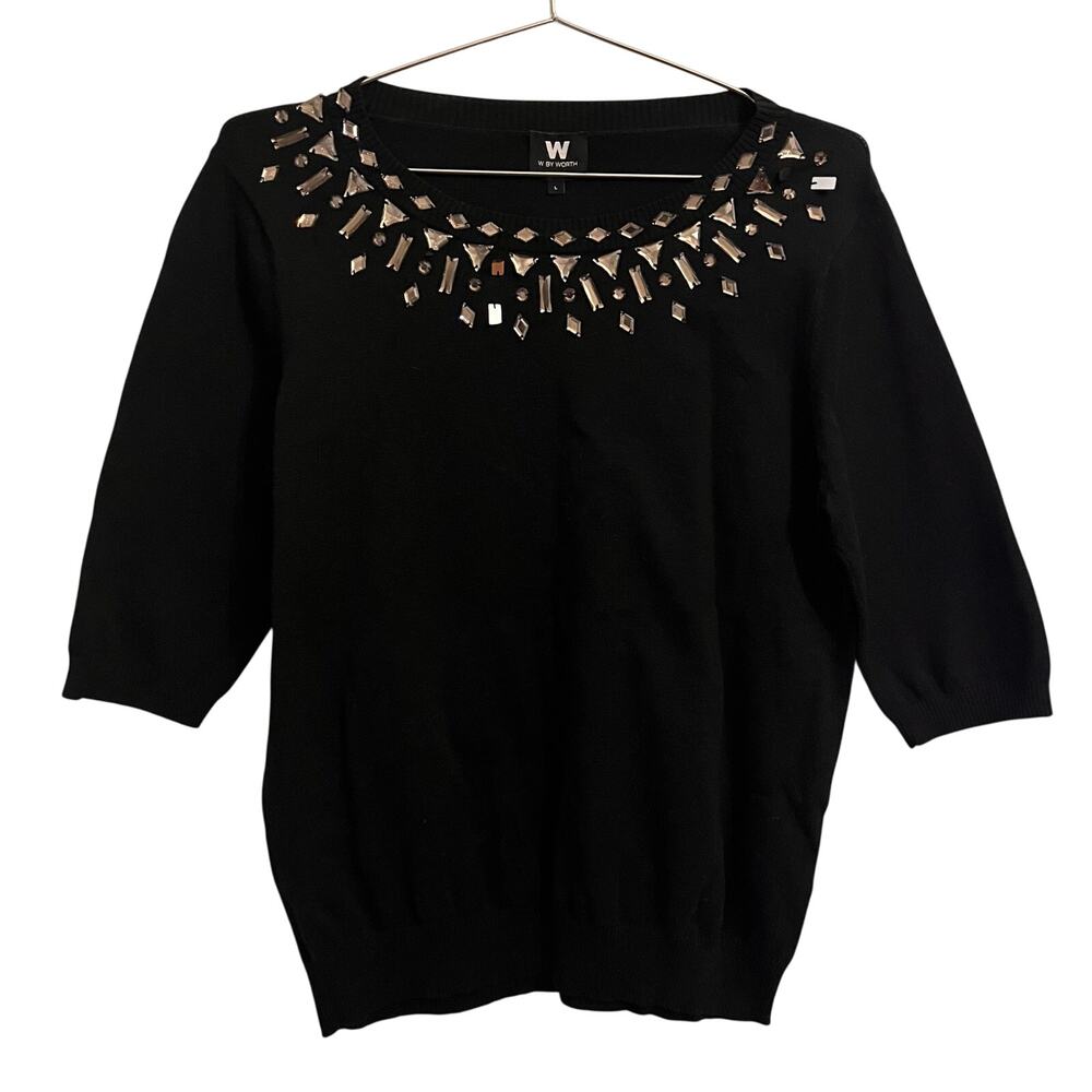 W By Worth Black Short Sleeve Crew Neck Jeweled Sweater L